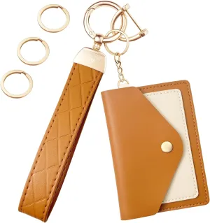 Leather Wristlet Keychain,Wrist Keychain Car Key Chain with 3 Key Rings,D Ring and Slim Wallet