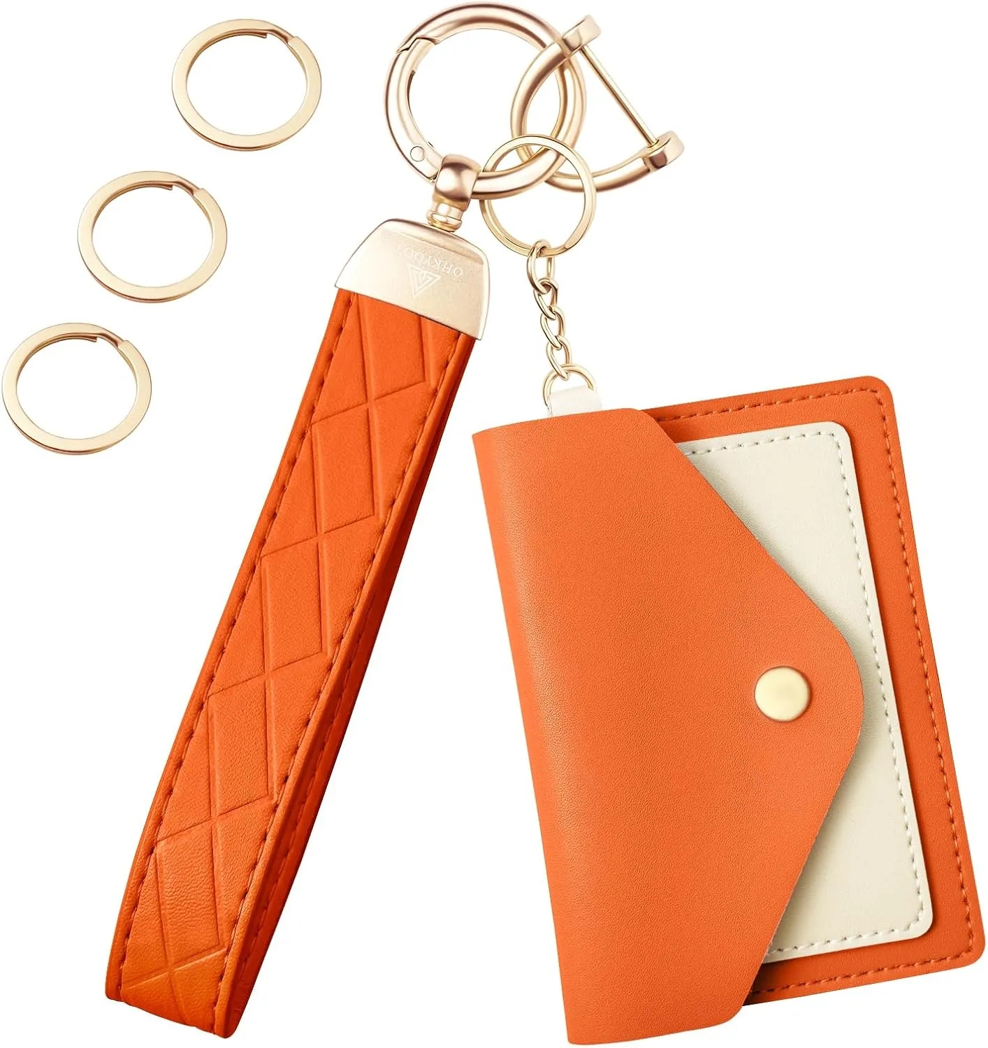 Leather Wristlet Keychain,Wrist Keychain Car Key Chain with 3 Key Rings,D Ring and Slim Wallet