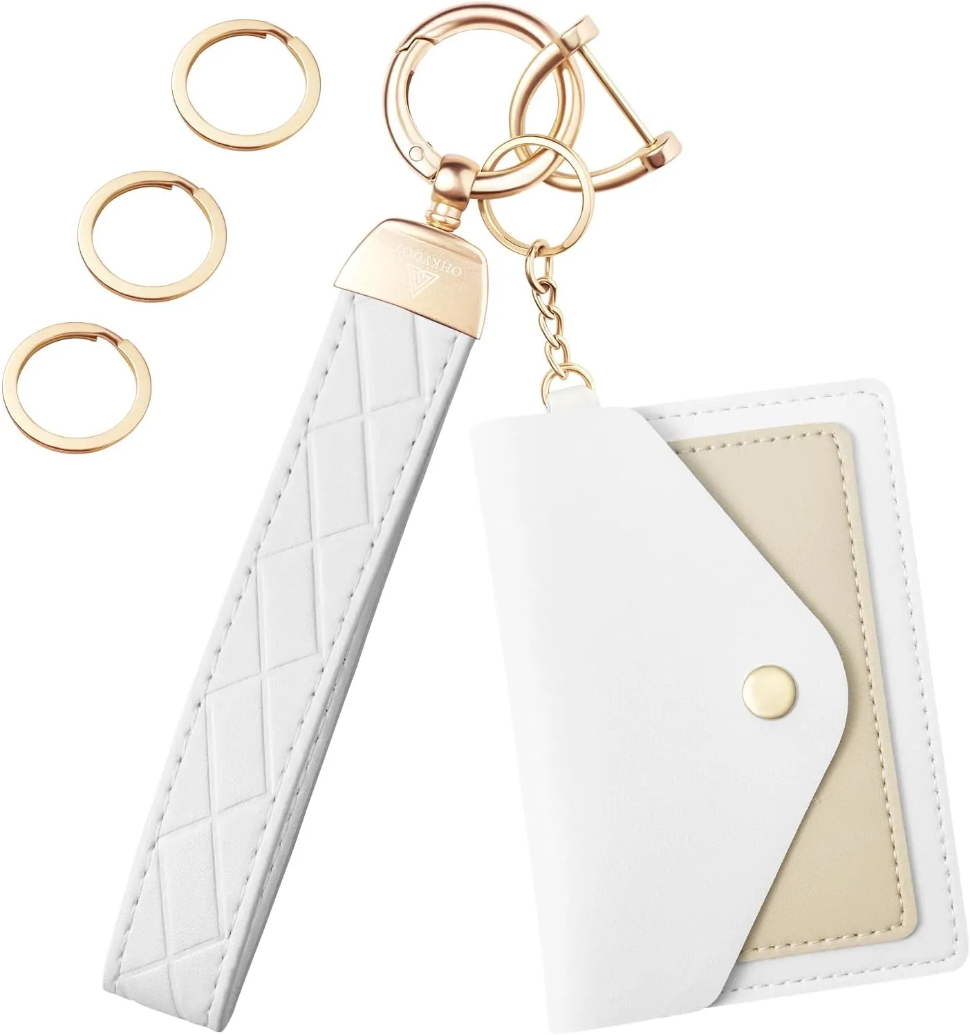 Leather Wristlet Keychain,Wrist Keychain Car Key Chain with 3 Key Rings,D Ring and Slim Wallet