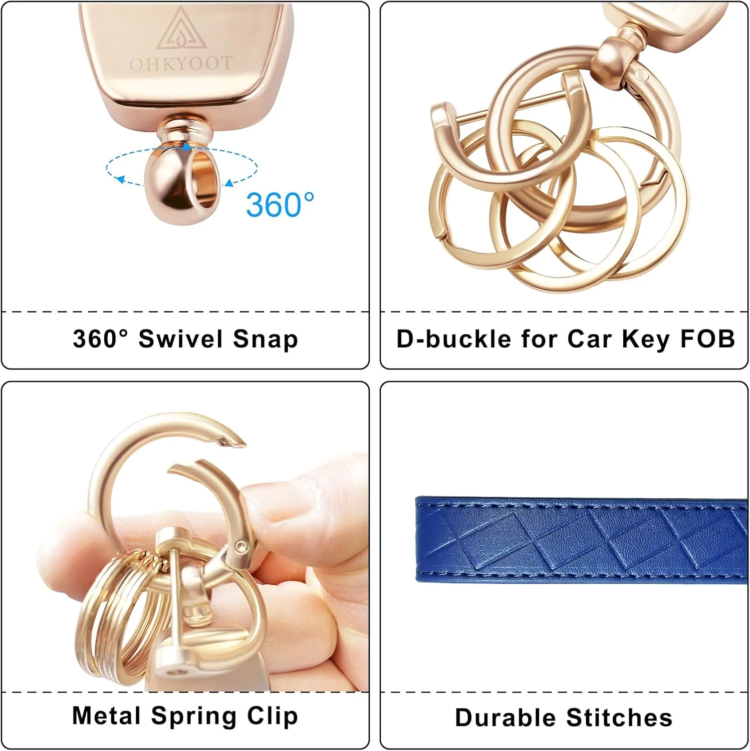 Leather Wristlet Keychain,Wrist Keychain Car Key Chain with 3 Key Rings,D Ring and Slim Wallet