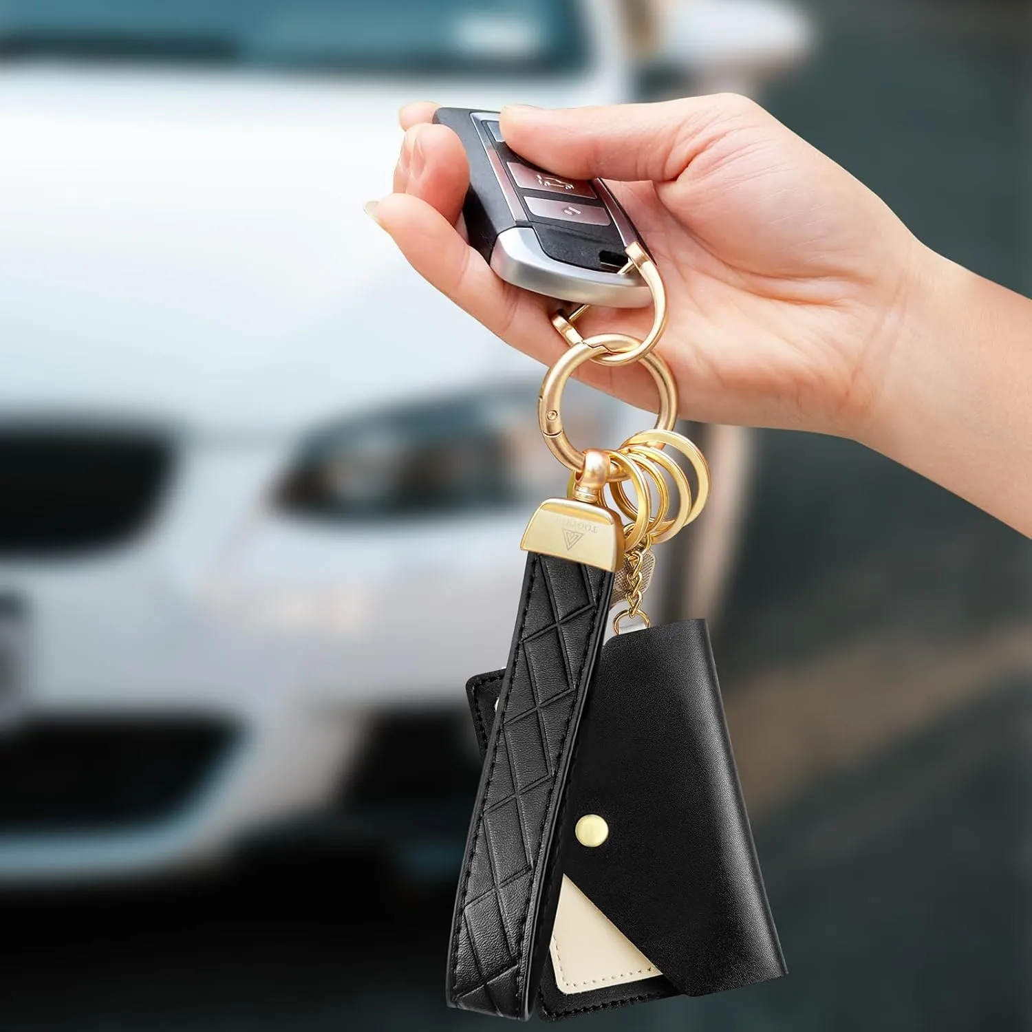 Leather Wristlet Keychain,Wrist Keychain Car Key Chain with 3 Key Rings,D Ring and Slim Wallet