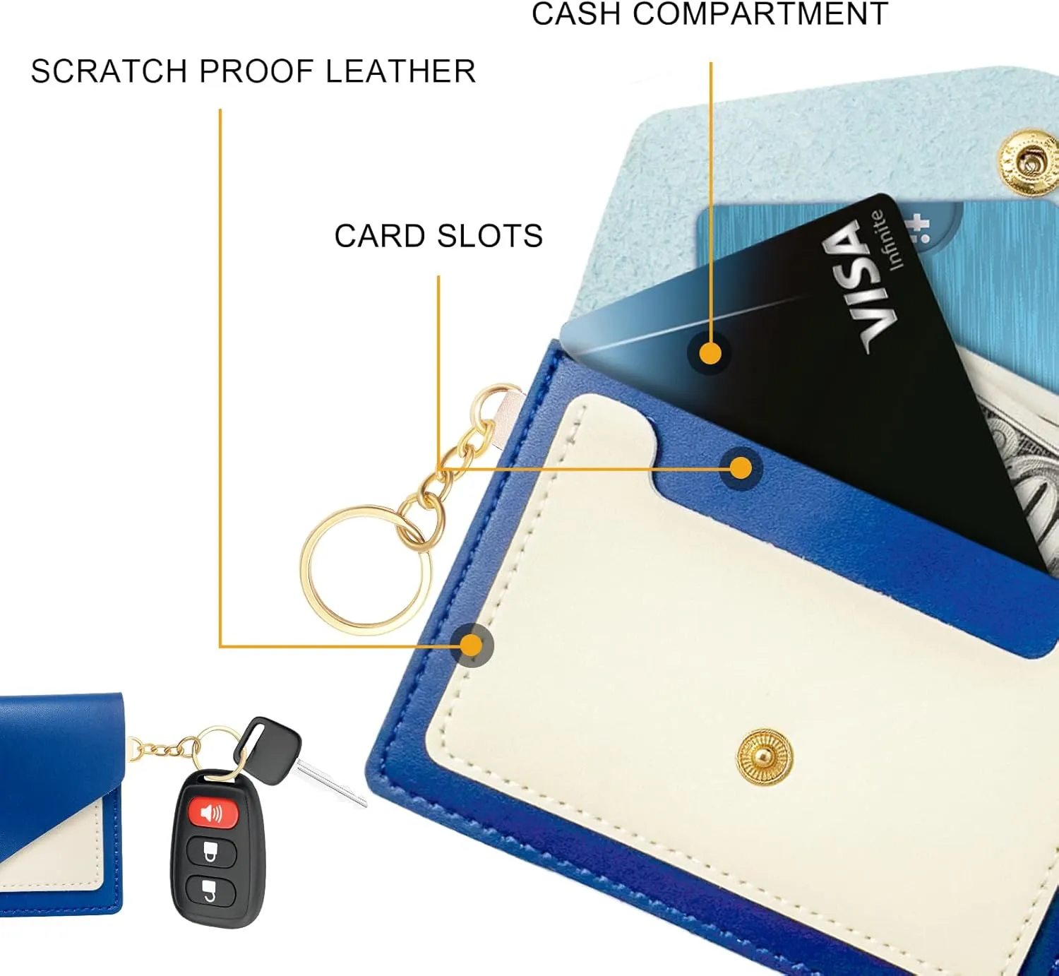 Leather Wristlet Keychain,Wrist Keychain Car Key Chain with 3 Key Rings,D Ring and Slim Wallet