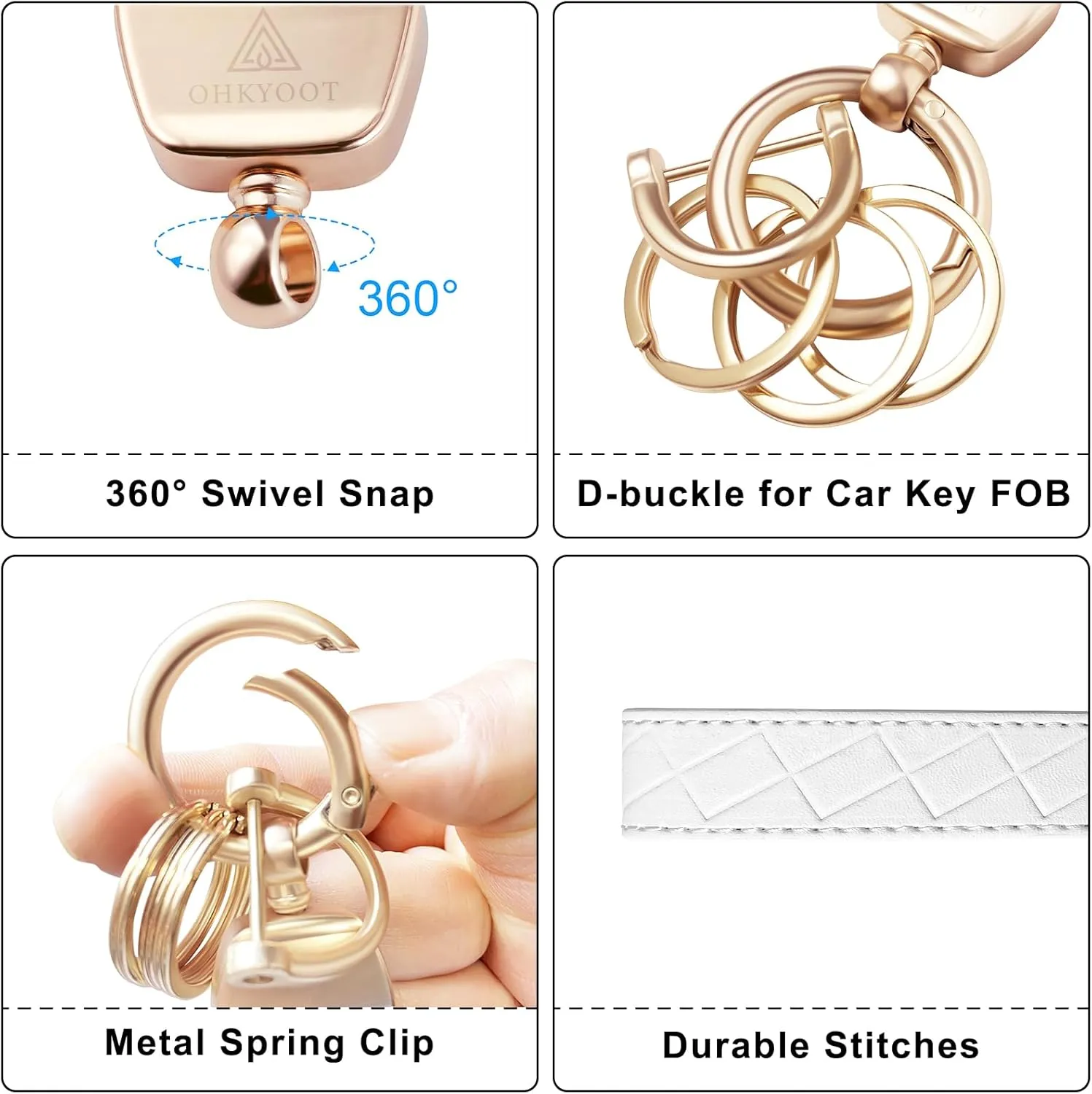 Leather Wristlet Keychain,Wrist Keychain Car Key Chain with 3 Key Rings,D Ring and Slim Wallet