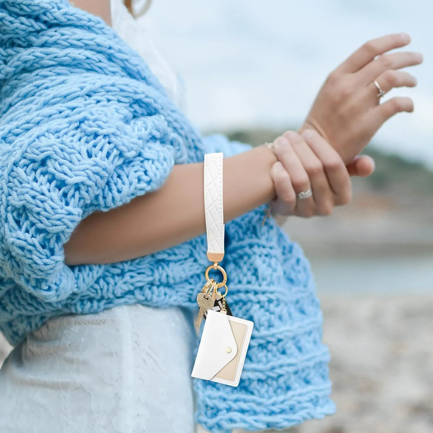 Leather Wristlet Keychain,Wrist Keychain Car Key Chain with 3 Key Rings,D Ring and Slim Wallet