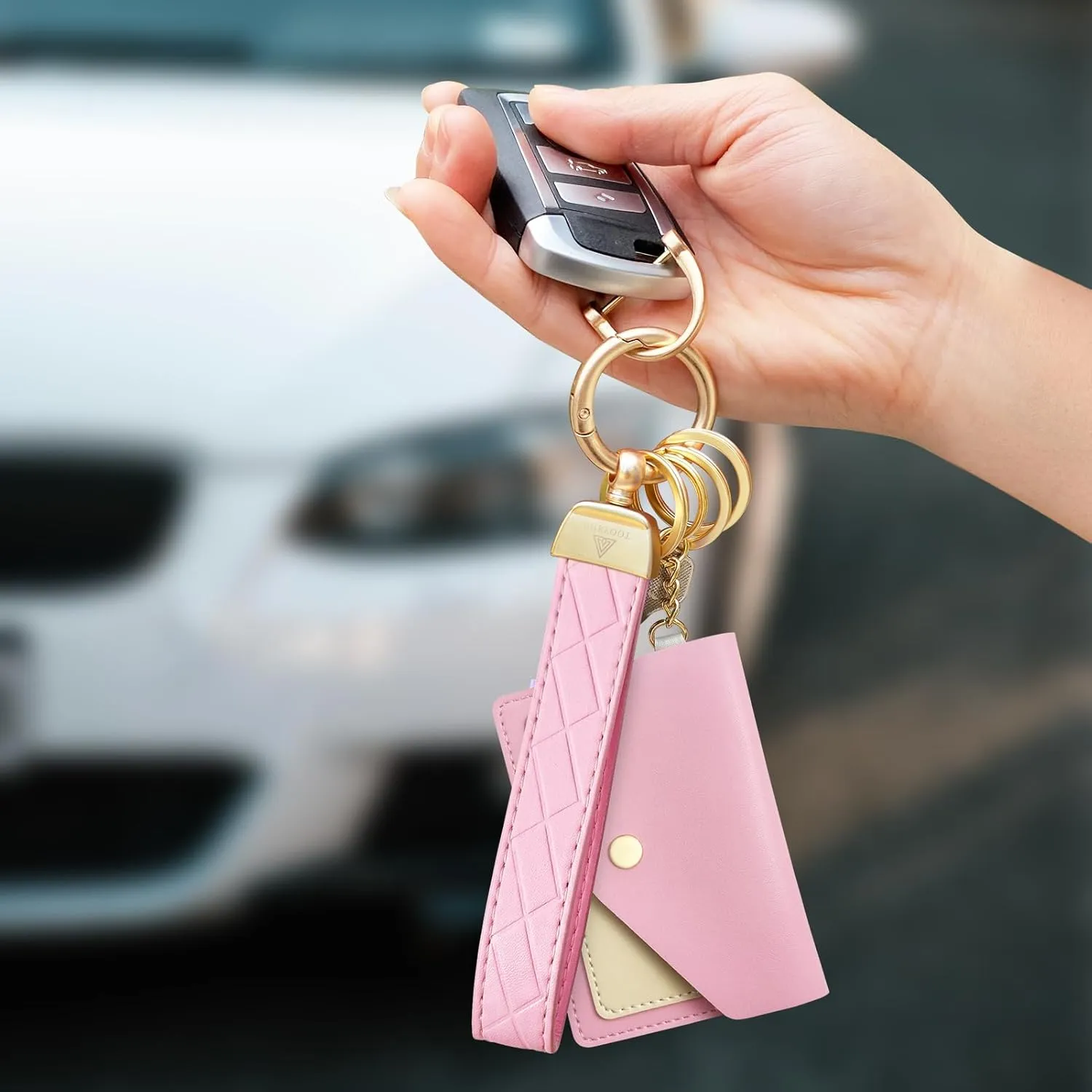 Leather Wristlet Keychain,Wrist Keychain Car Key Chain with 3 Key Rings,D Ring and Slim Wallet