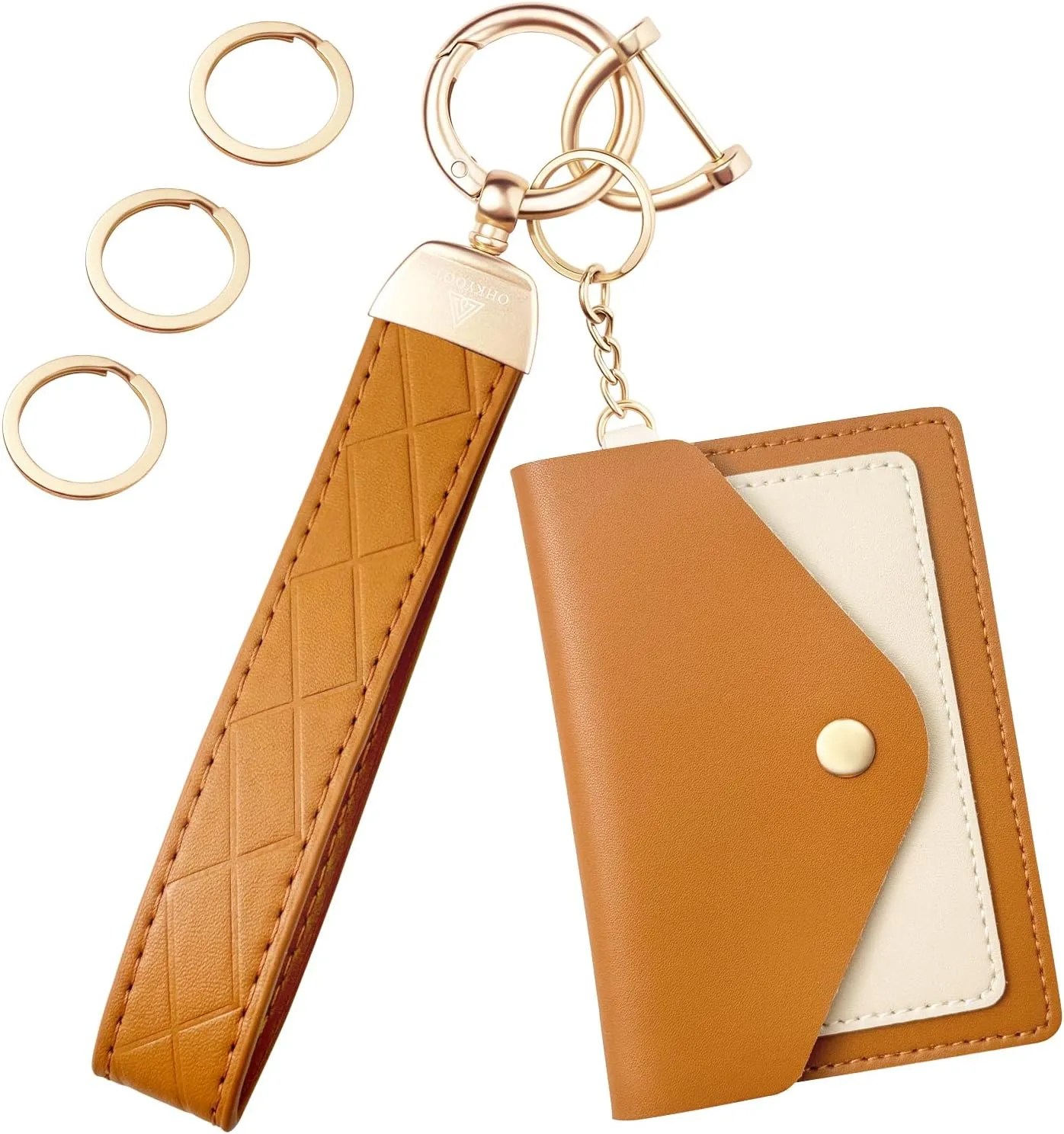 Leather Wristlet Keychain,Wrist Keychain Car Key Chain with 3 Key Rings,D Ring and Slim Wallet