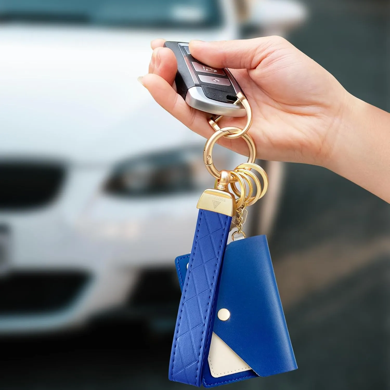Leather Wristlet Keychain,Wrist Keychain Car Key Chain with 3 Key Rings,D Ring and Slim Wallet