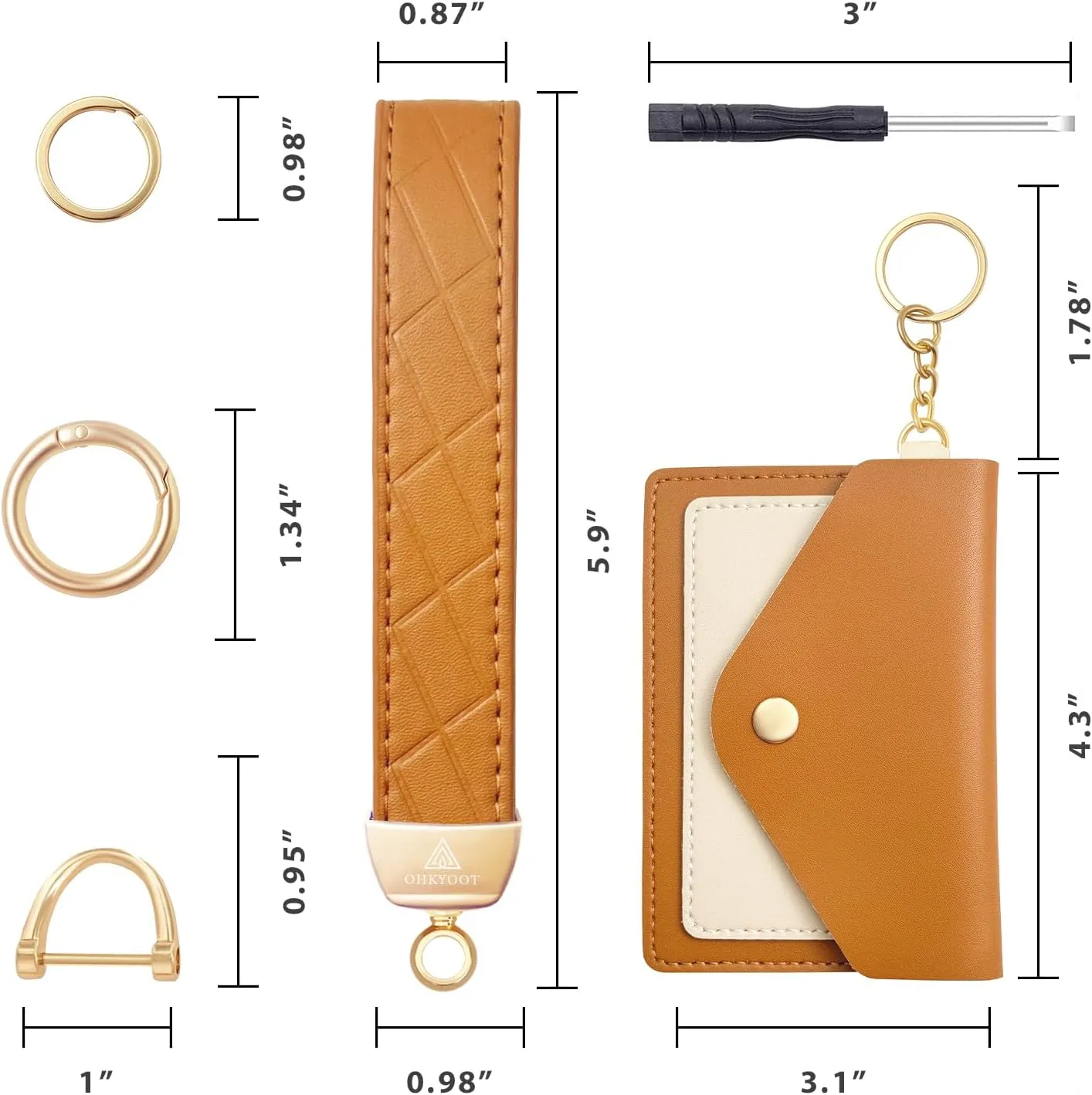 Leather Wristlet Keychain,Wrist Keychain Car Key Chain with 3 Key Rings,D Ring and Slim Wallet