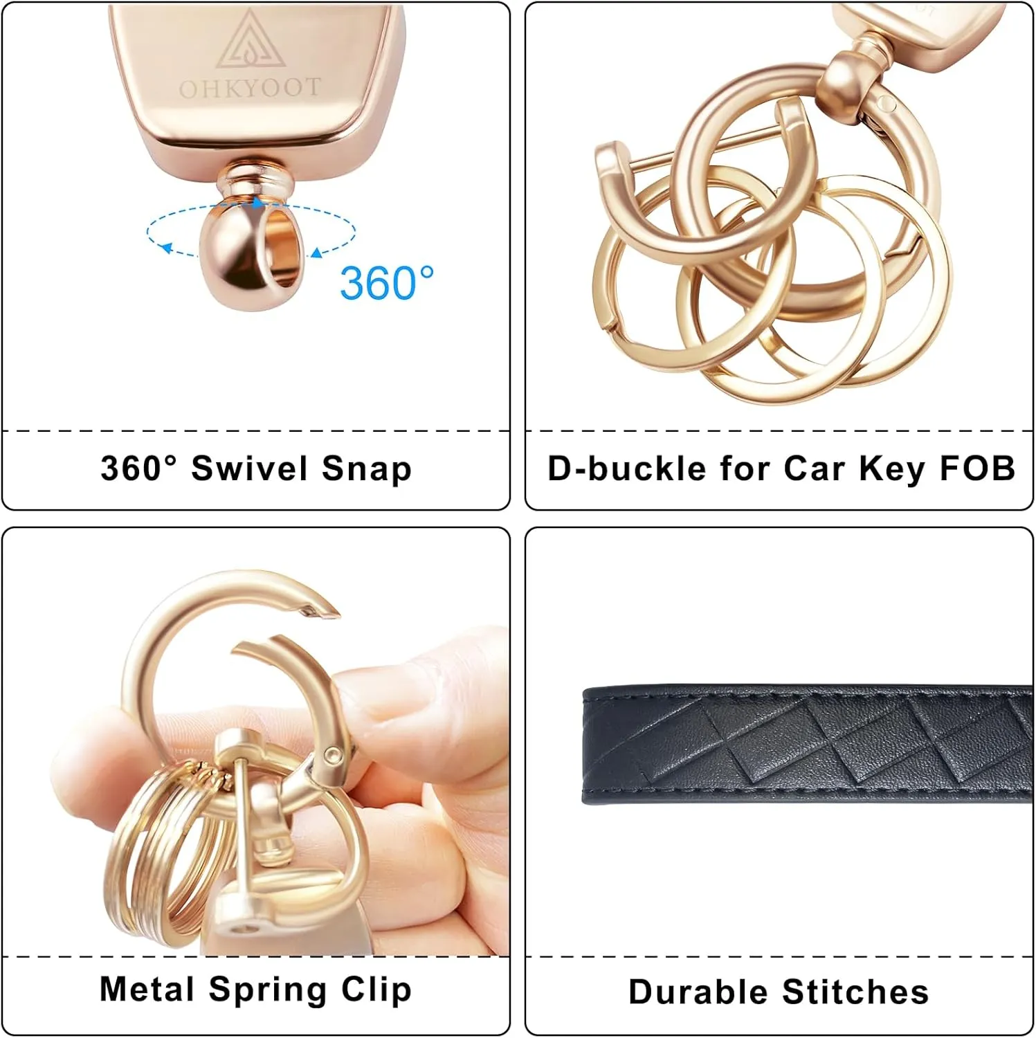 Leather Wristlet Keychain,Wrist Keychain Car Key Chain with 3 Key Rings,D Ring and Slim Wallet