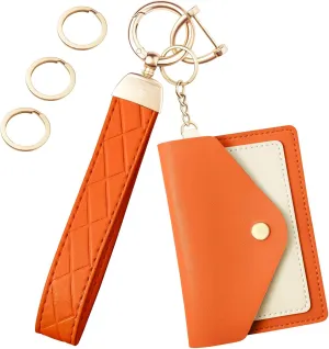 Leather Wristlet Keychain,Wrist Keychain Car Key Chain with 3 Key Rings,D Ring and Slim Wallet
