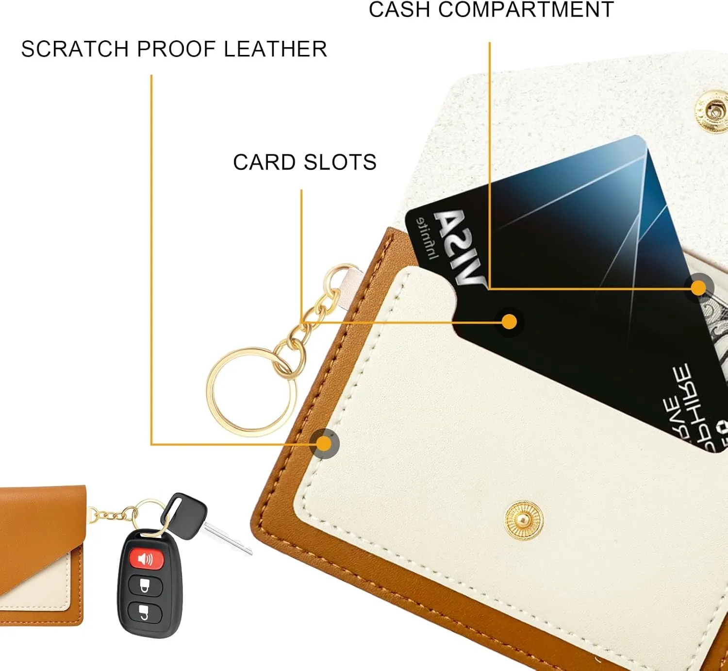 Leather Wristlet Keychain,Wrist Keychain Car Key Chain with 3 Key Rings,D Ring and Slim Wallet