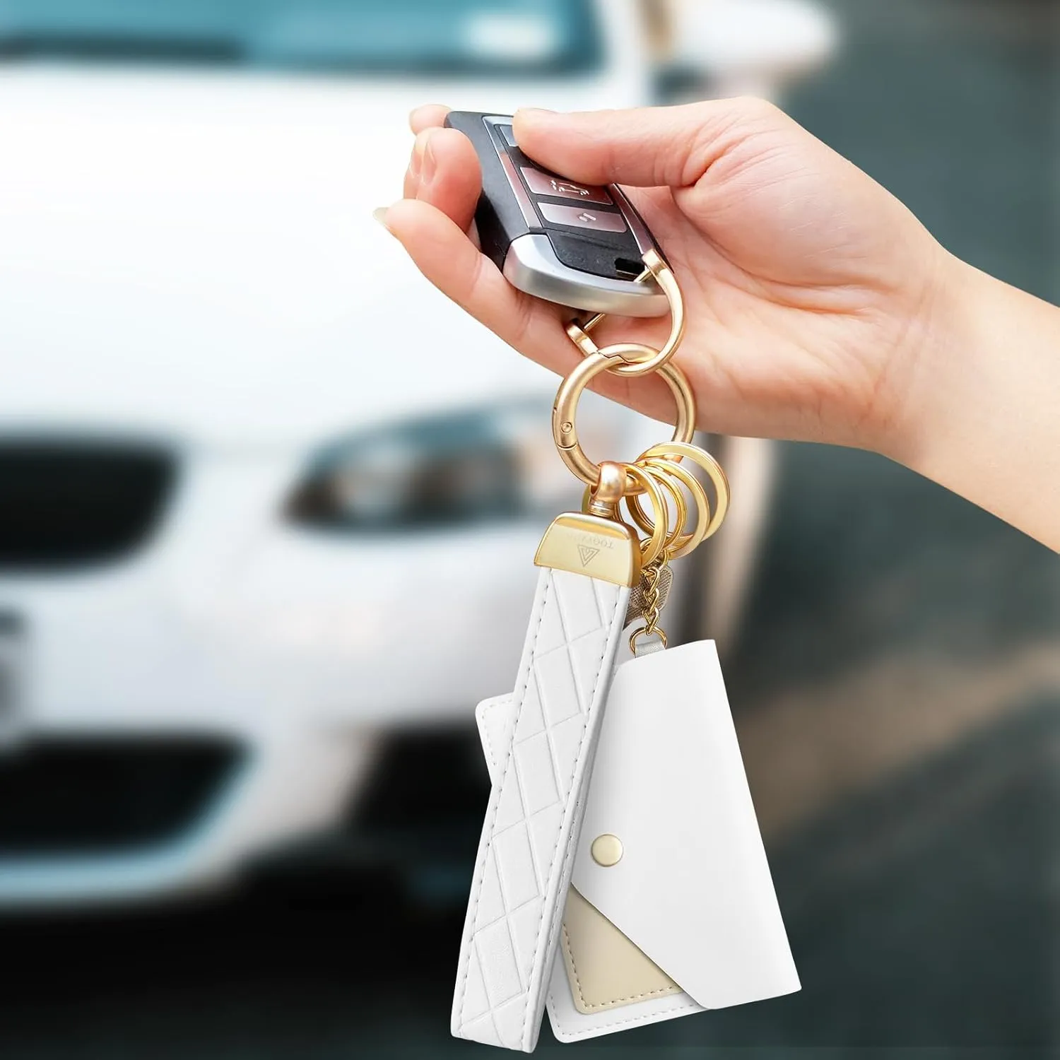 Leather Wristlet Keychain,Wrist Keychain Car Key Chain with 3 Key Rings,D Ring and Slim Wallet
