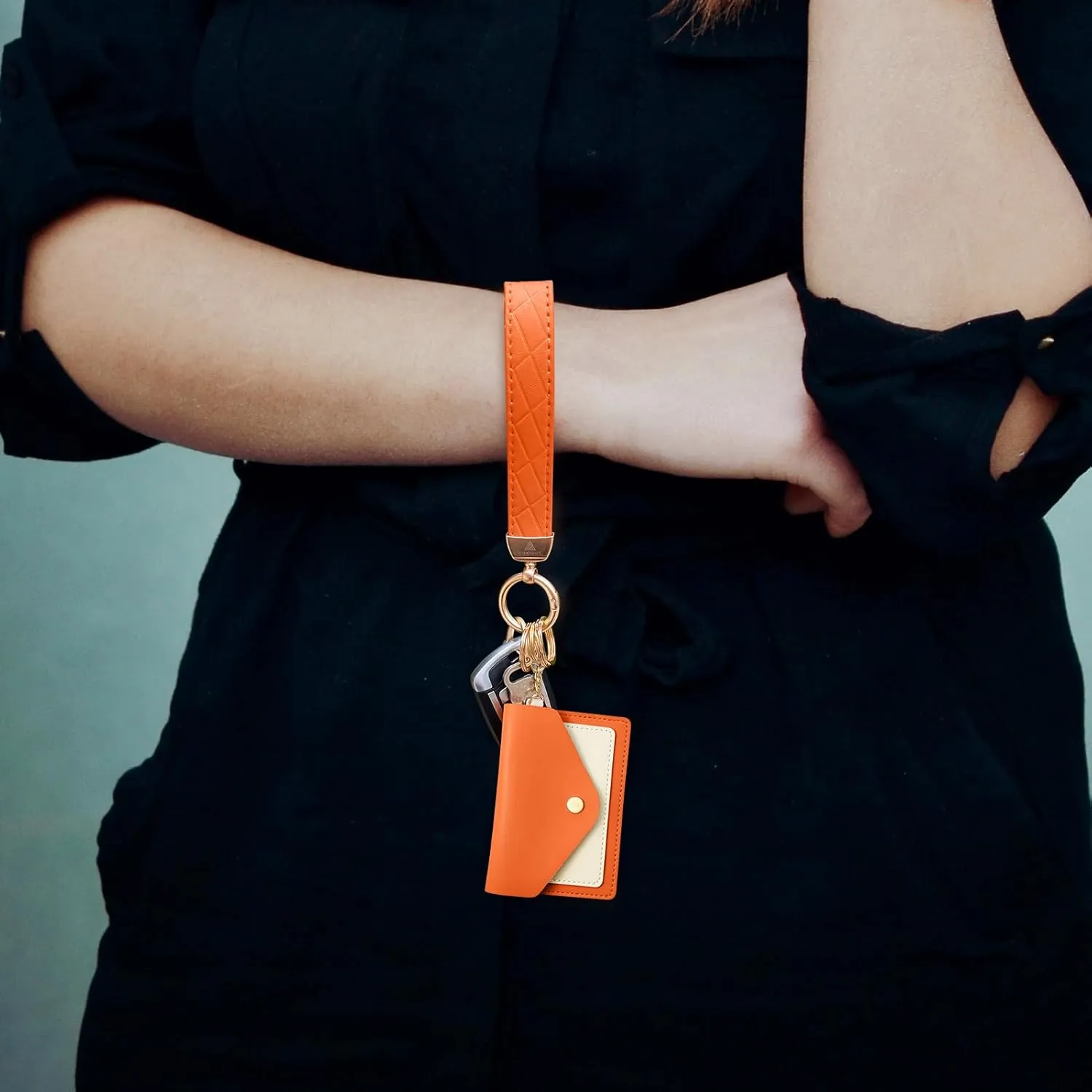 Leather Wristlet Keychain,Wrist Keychain Car Key Chain with 3 Key Rings,D Ring and Slim Wallet