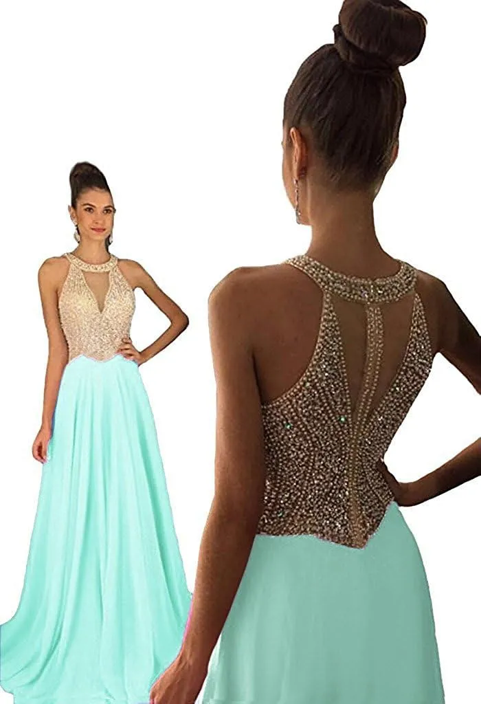Lemai Sheer Beaded Pearls Halter Sleeveless Long Chiffon Prom Dress Evening Gowns