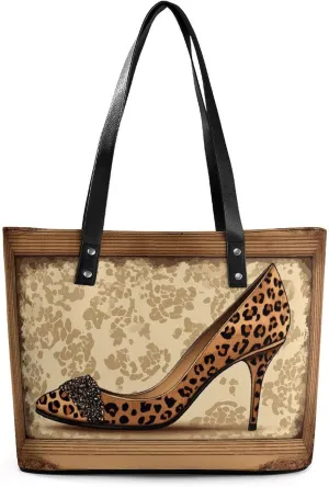 Leopard-print High Heels in A Vintage Frame Women Soft Leather Handbags Tote Purses Shoulder Bucket Bags