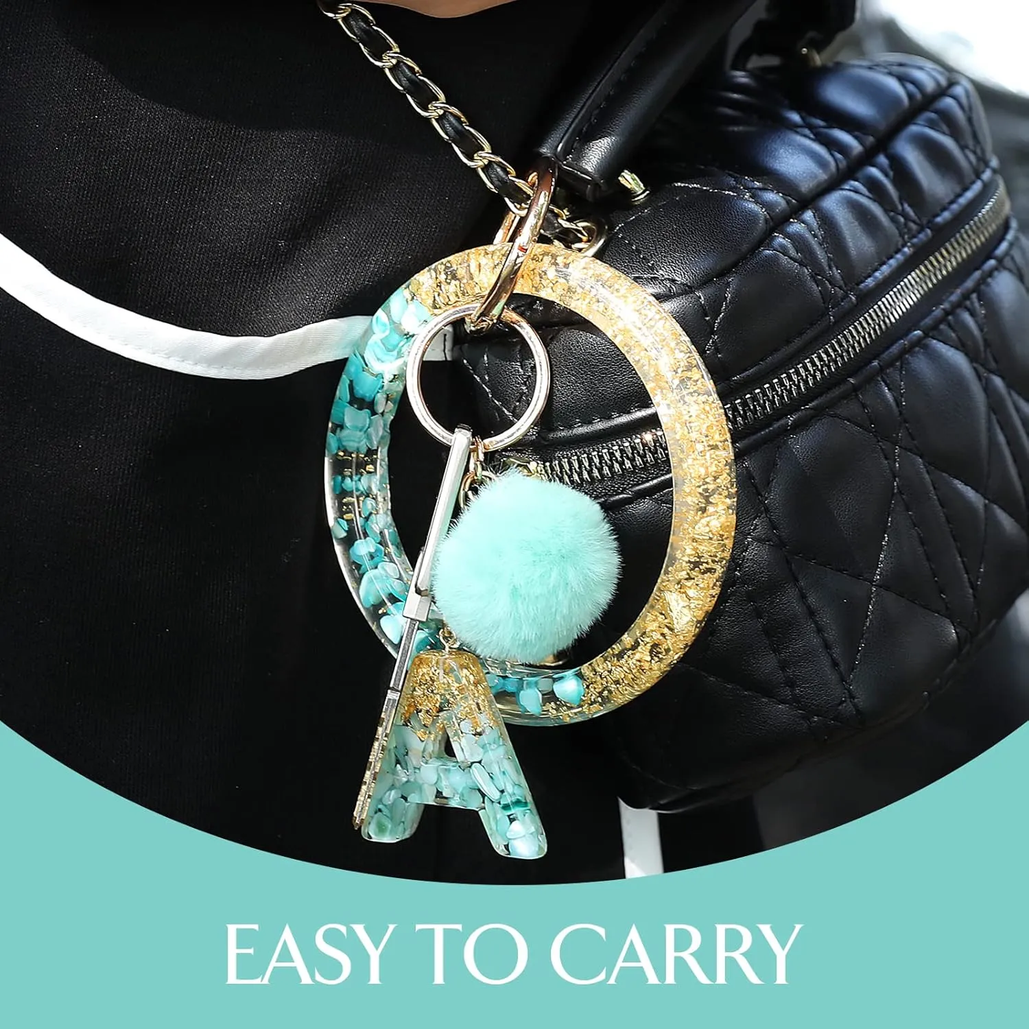 Letter A-Z Keychian Teal Resin Bracelet Handmade Key Ring Wrist Pom Pom Wristlet Circle Bracelet Holder for Women Girls