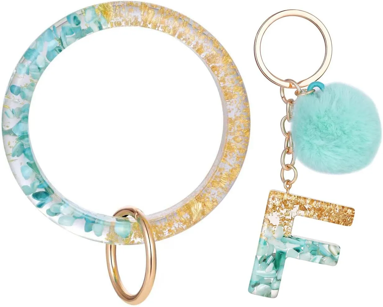 Letter A-Z Keychian Teal Resin Bracelet Handmade Key Ring Wrist Pom Pom Wristlet Circle Bracelet Holder for Women Girls