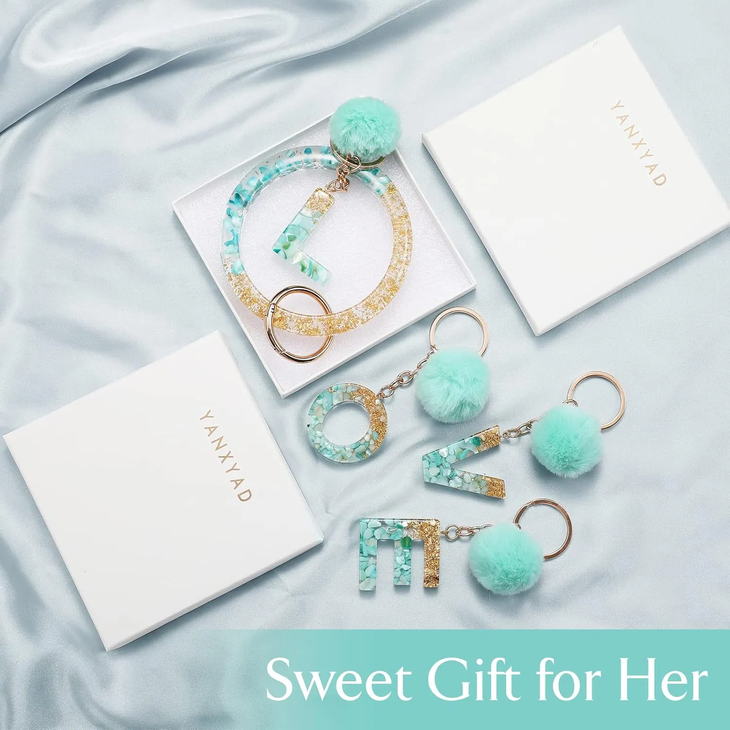Letter A-Z Keychian Teal Resin Bracelet Handmade Key Ring Wrist Pom Pom Wristlet Circle Bracelet Holder for Women Girls