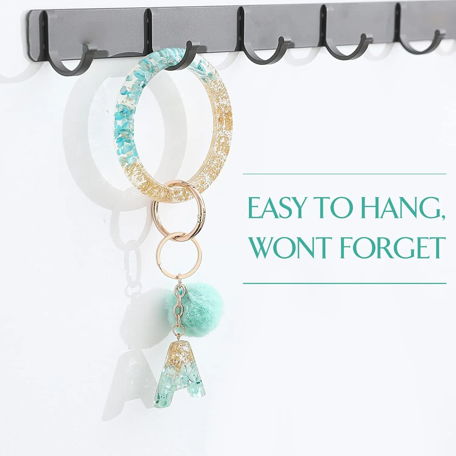 Letter A-Z Keychian Teal Resin Bracelet Handmade Key Ring Wrist Pom Pom Wristlet Circle Bracelet Holder for Women Girls