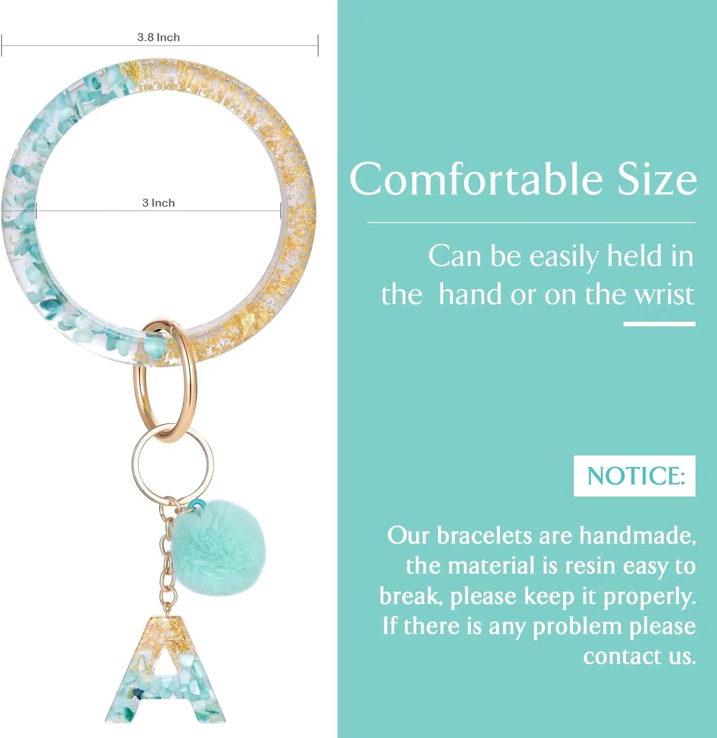 Letter A-Z Keychian Teal Resin Bracelet Handmade Key Ring Wrist Pom Pom Wristlet Circle Bracelet Holder for Women Girls