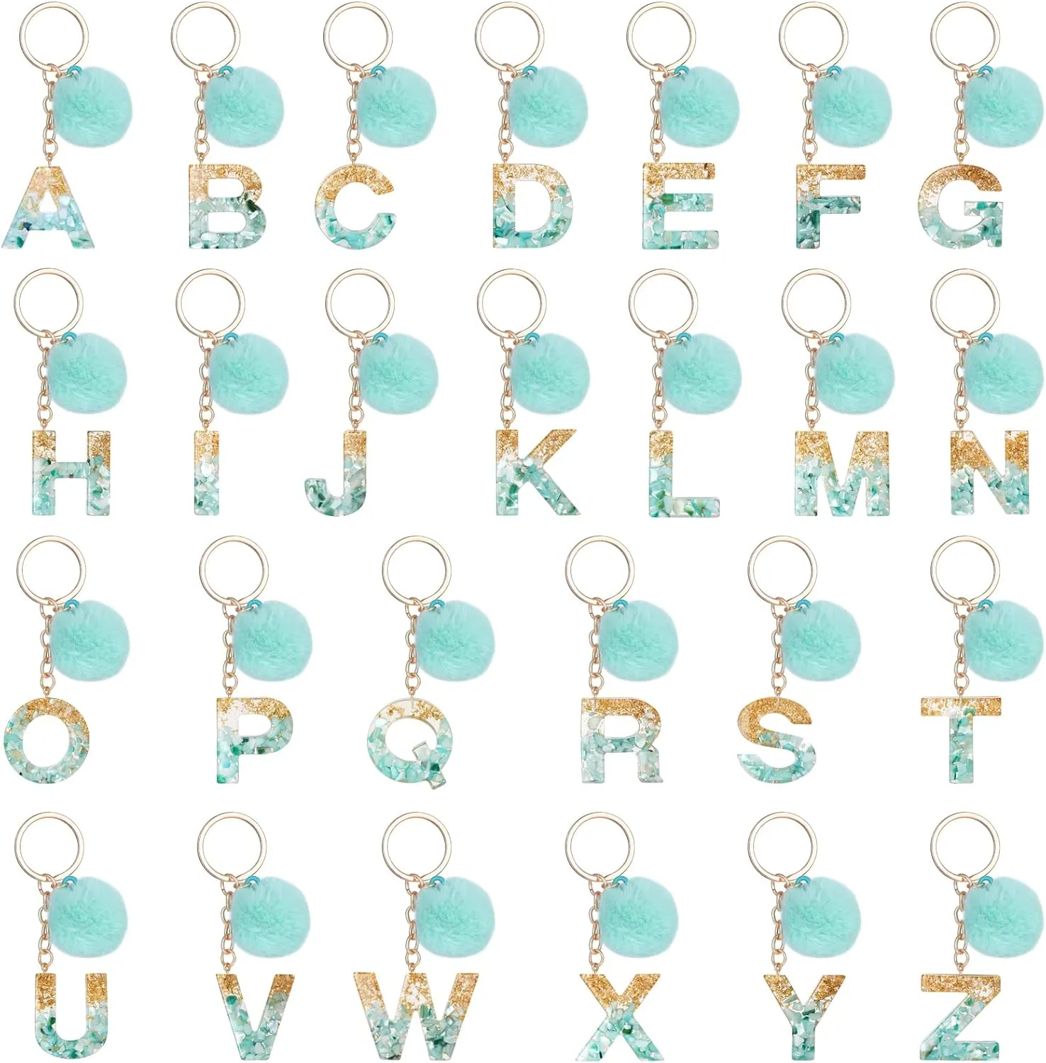 Letter A-Z Keychian Teal Resin Bracelet Handmade Key Ring Wrist Pom Pom Wristlet Circle Bracelet Holder for Women Girls