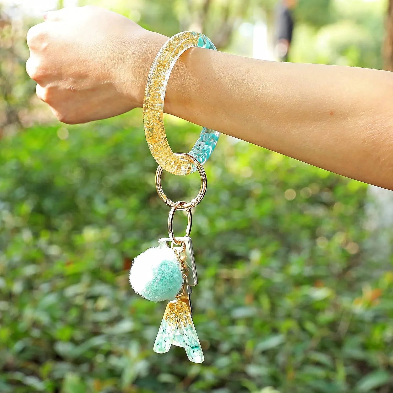 Letter A-Z Keychian Teal Resin Bracelet Handmade Key Ring Wrist Pom Pom Wristlet Circle Bracelet Holder for Women Girls