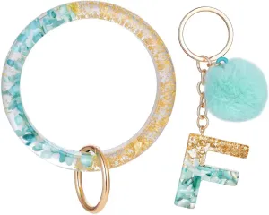 Letter A-Z Keychian Teal Resin Bracelet Handmade Key Ring Wrist Pom Pom Wristlet Circle Bracelet Holder for Women Girls