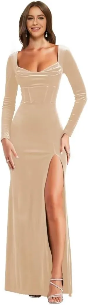 Long Sleeve Velvet Bridesmaid Dresses with Slit for Women Cowl Neck Ruched Christmas Party Dress PU080