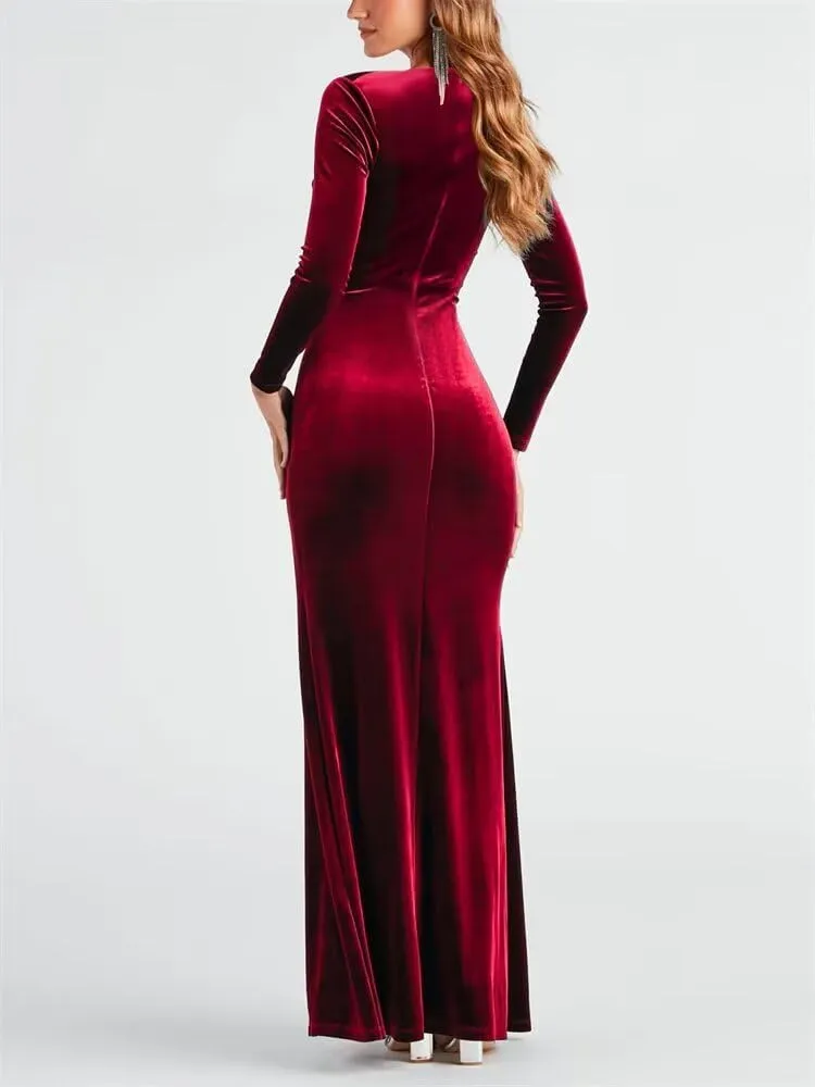 Long Sleeve Velvet Bridesmaid Dresses with Slit for Women Cowl Neck Ruched Christmas Party Dress PU080