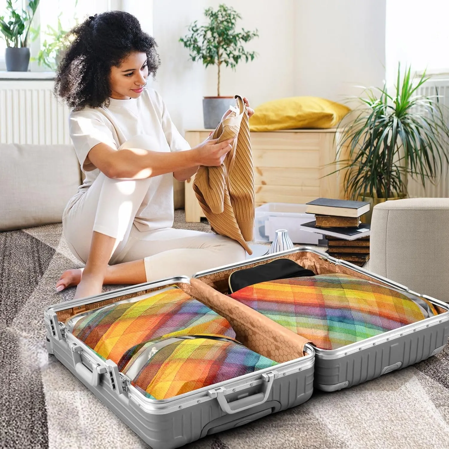 Luggage Space Saver, Luggages Management Personnel, Abstract Watercolors Tartan, With Zipper, 3 Set Travel Packing Cubes For Suitcases, Garment Bag Closet Storage