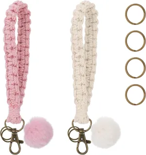 Lusofie 2Set Woven Wrist Lanyard for Keys Cute Key Chain Wristlet, Keychain Wristlet with Fur Pom for Women Girls Keys Wallet ID Badge(Pink, White)
