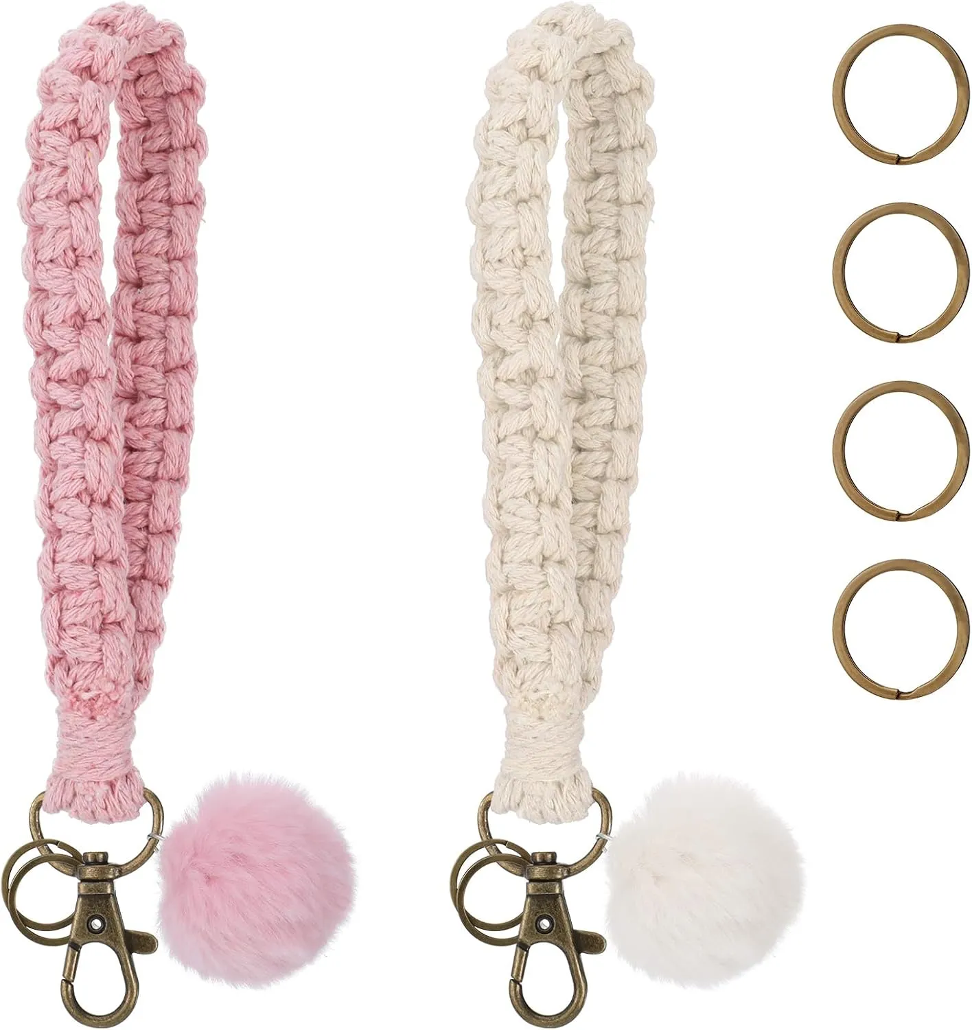 Lusofie 2Set Woven Wrist Lanyard for Keys Cute Key Chain Wristlet, Keychain Wristlet with Fur Pom for Women Girls Keys Wallet ID Badge(Pink, White)