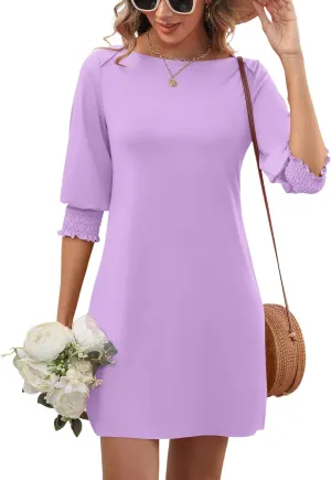 LUYAA Womens Summer Mini Dresses Boatneck 3/4 Puff Sleeve Floral T Shirt Dress with Pockets Boho Dresses Fashion Trendy 2025