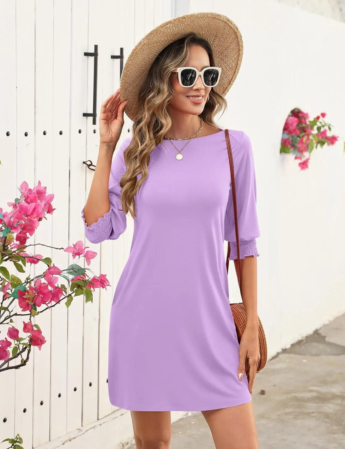 LUYAA Womens Summer Mini Dresses Boatneck 3/4 Puff Sleeve Floral T Shirt Dress with Pockets Boho Dresses Fashion Trendy 2025