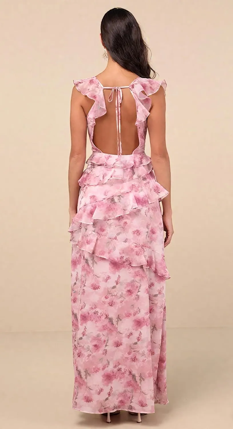 LVNES Floral Tiered Prom Chiffon Ruffle Wedding Guest Dress Homecoming Birthday Gown Party Dresses