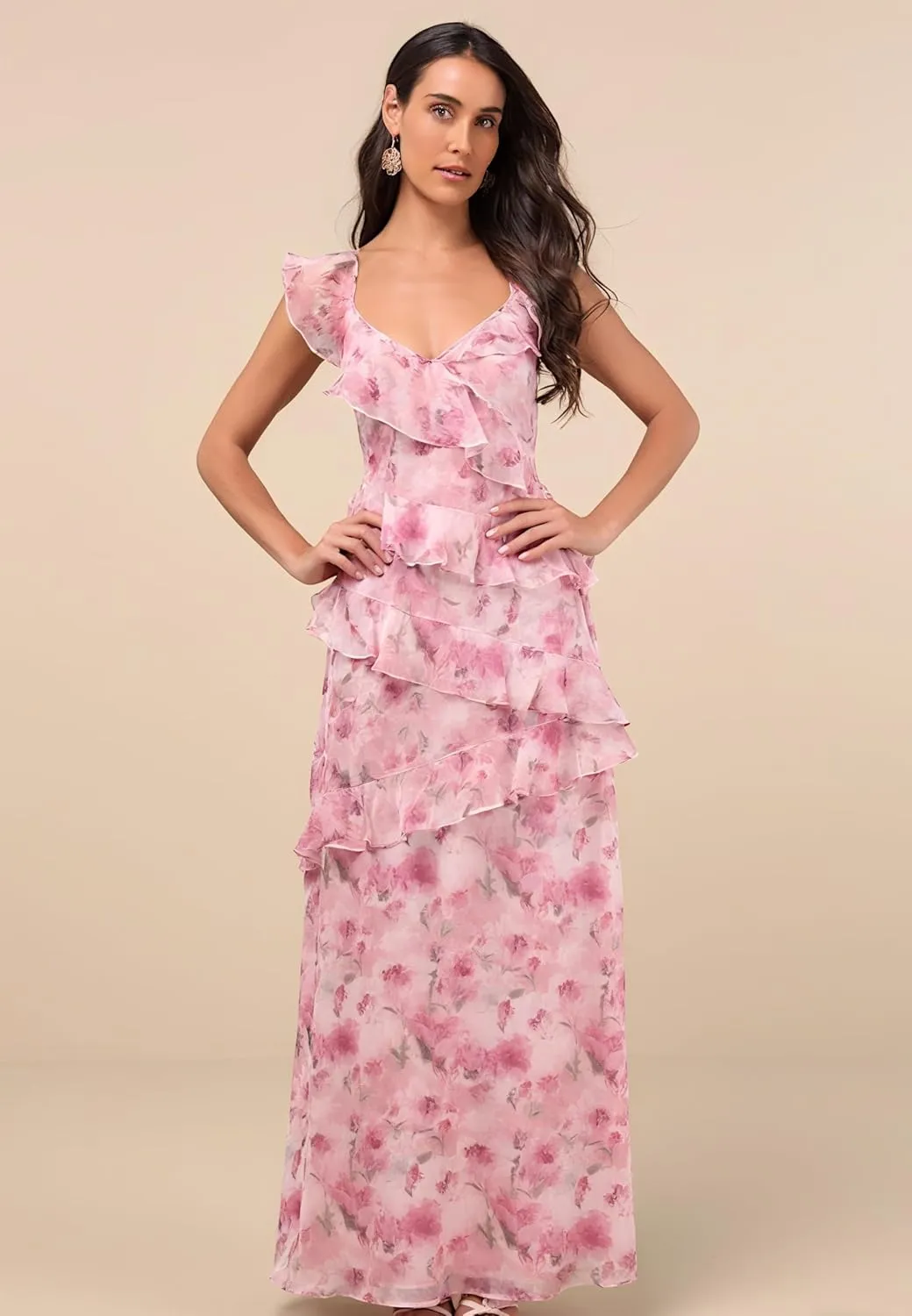 LVNES Floral Tiered Prom Chiffon Ruffle Wedding Guest Dress Homecoming Birthday Gown Party Dresses