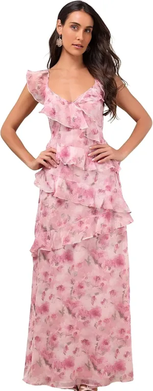 LVNES Floral Tiered Prom Chiffon Ruffle Wedding Guest Dress Homecoming Birthday Gown Party Dresses