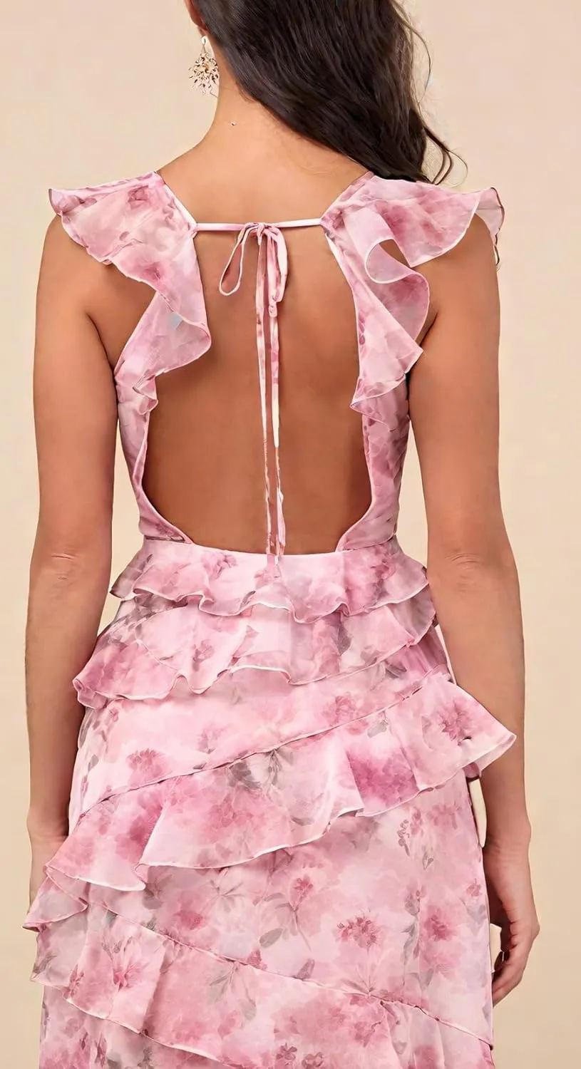 LVNES Floral Tiered Prom Chiffon Ruffle Wedding Guest Dress Homecoming Birthday Gown Party Dresses