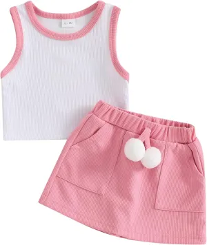Madjtlqy Toddler Girl Summer Clothes Sleeveless Tank Tops Solid Color Skorts Shorts 2Pcs Baby Outfit 1-5Y