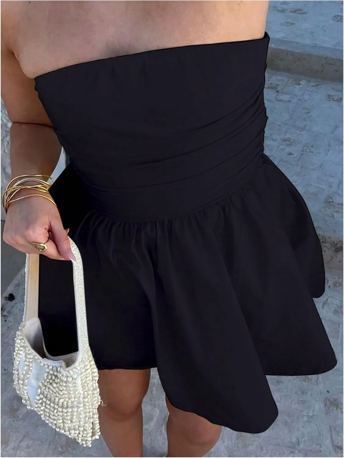 MakeMeChic Women's Bandeau Ruched Strapless Ruffle Bow Knot A Line Summer Mini Dress