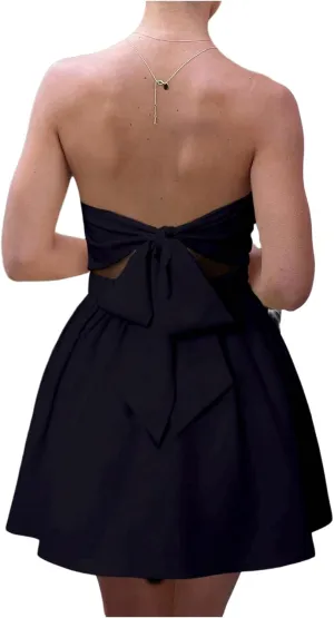 MakeMeChic Women's Bandeau Ruched Strapless Ruffle Bow Knot A Line Summer Mini Dress