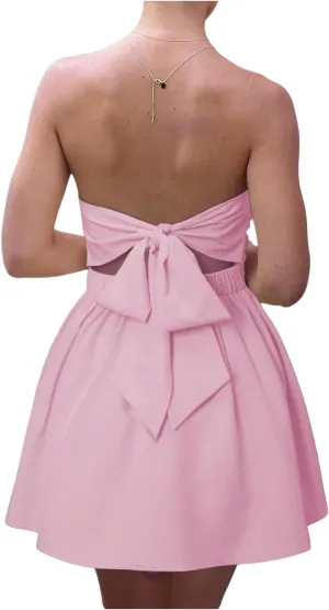 MakeMeChic Women's Bandeau Ruched Strapless Ruffle Bow Knot A Line Summer Mini Dress