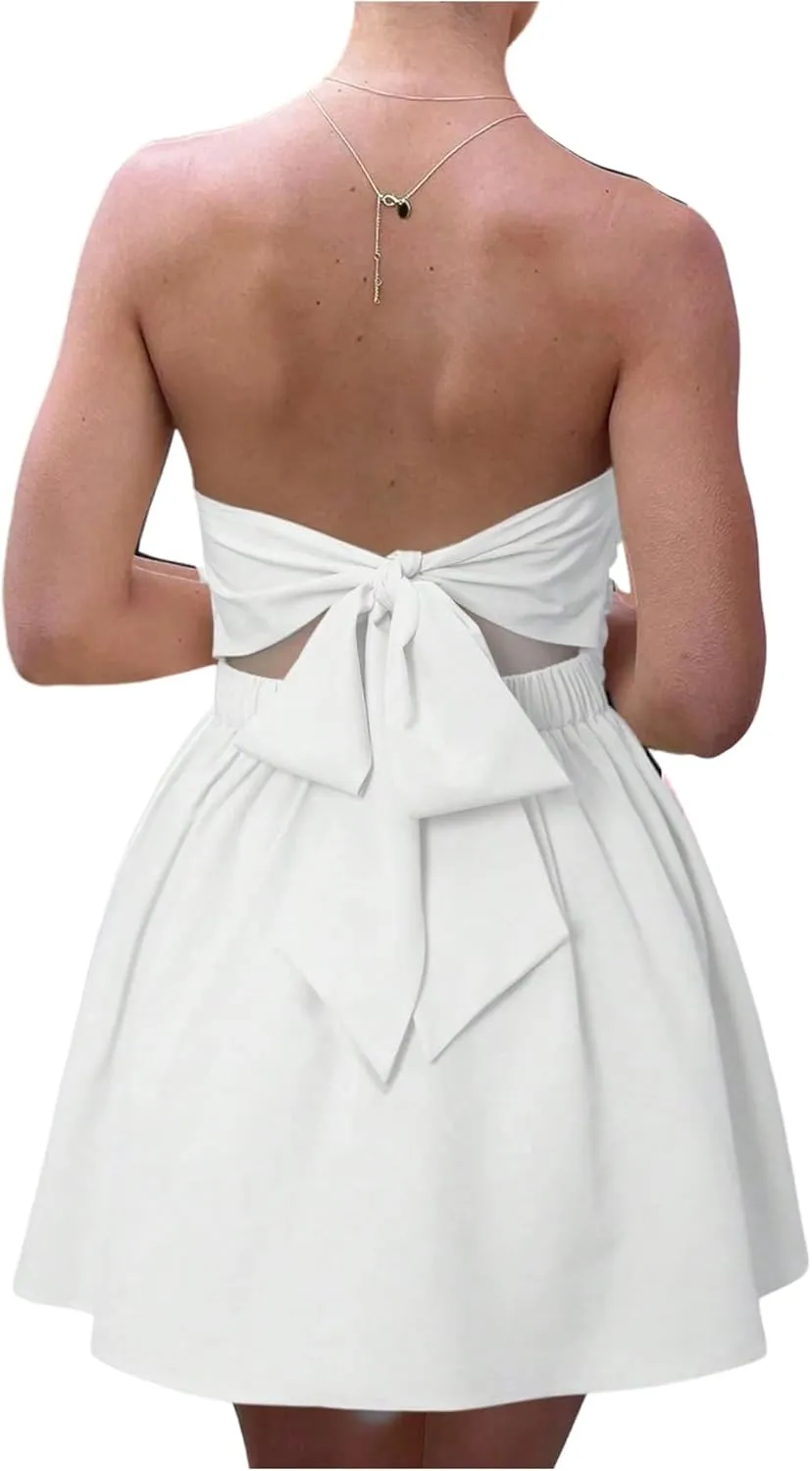 MakeMeChic Women's Bandeau Ruched Strapless Ruffle Bow Knot A Line Summer Mini Dress