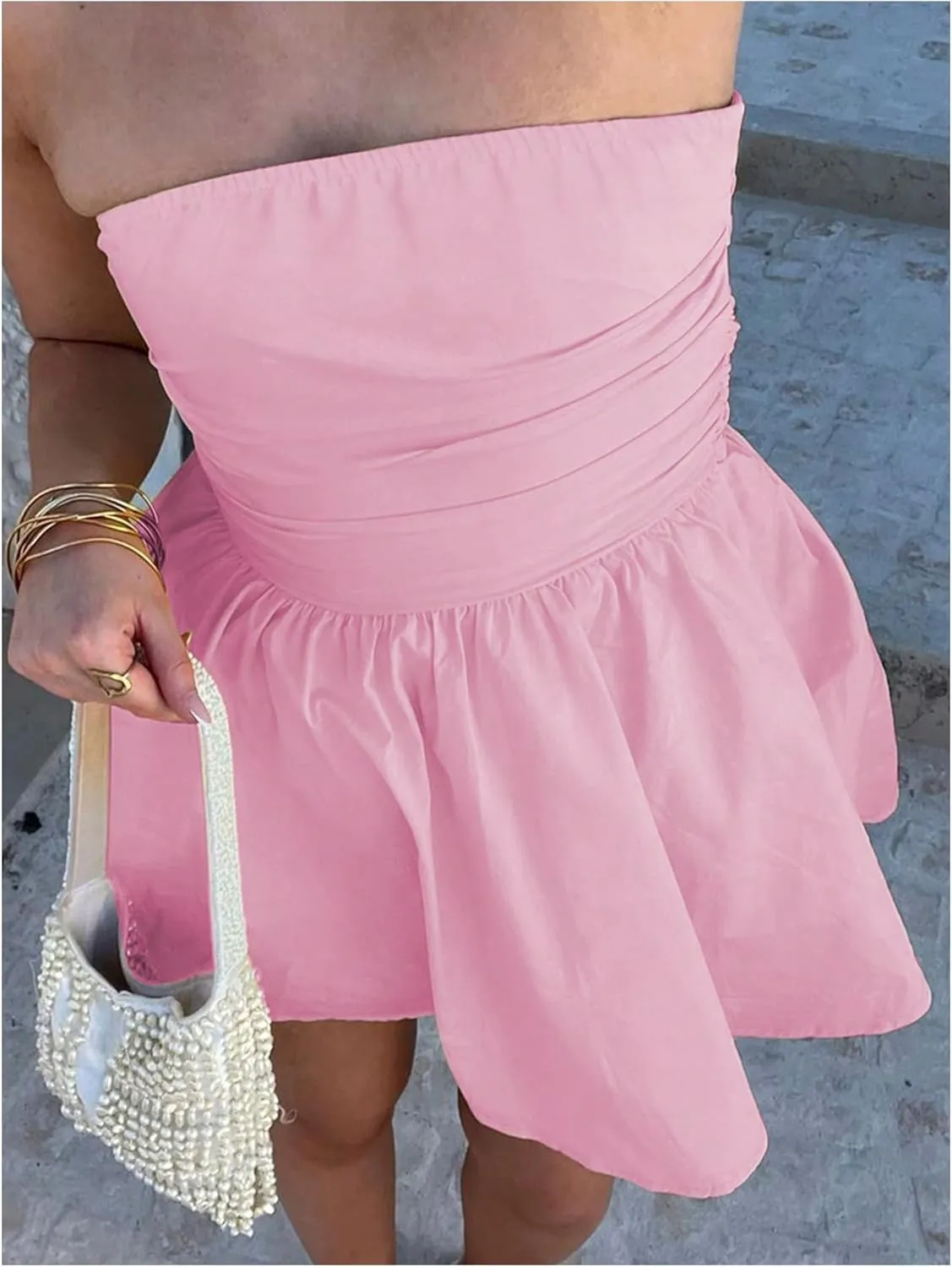 MakeMeChic Women's Bandeau Ruched Strapless Ruffle Bow Knot A Line Summer Mini Dress