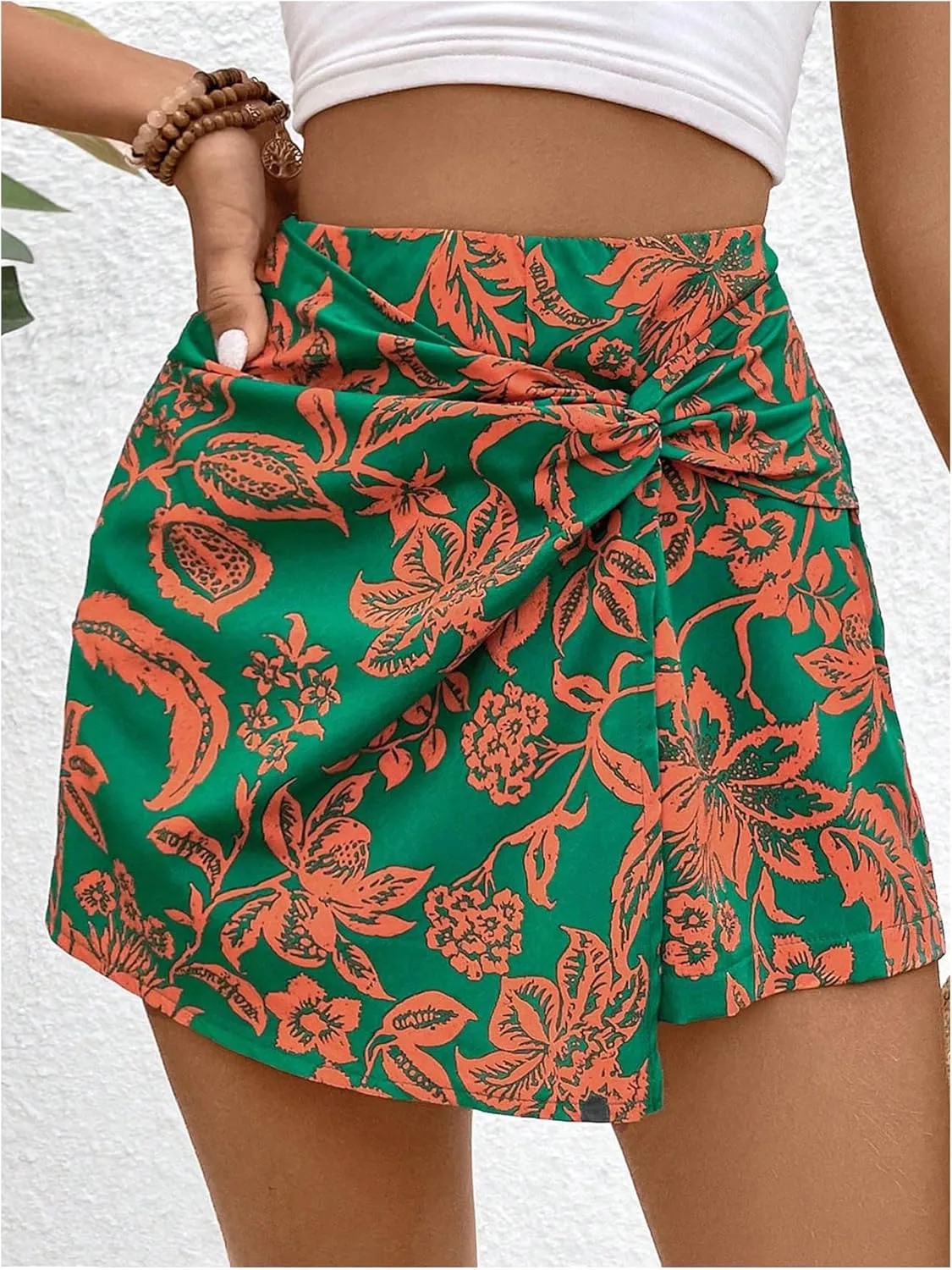 MakeMeChic Women's Floral Boho Shorts Twist Front Elastic Waist Summer Skorts
