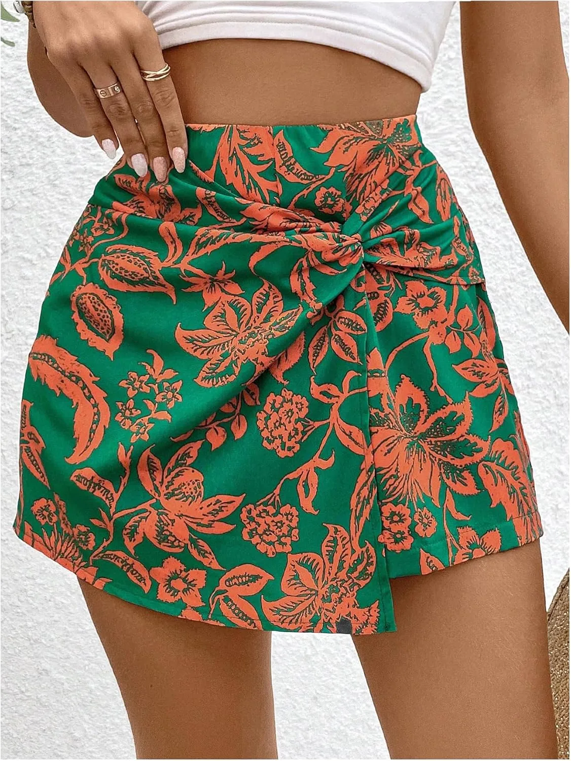 MakeMeChic Women's Floral Boho Shorts Twist Front Elastic Waist Summer Skorts