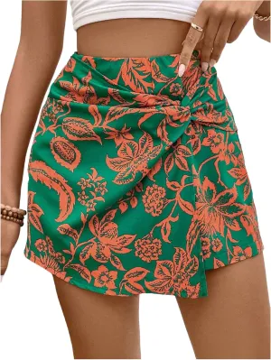 MakeMeChic Women's Floral Boho Shorts Twist Front Elastic Waist Summer Skorts