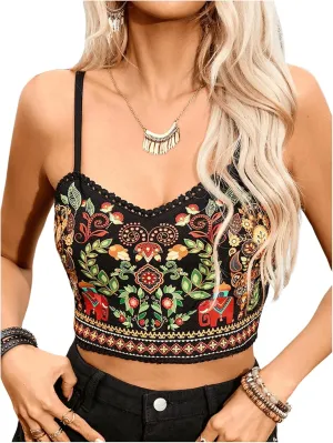 MakeMeChic Women's Spaghetti Strap Camisole Floral Print Backless Boho Cami Crop Tops