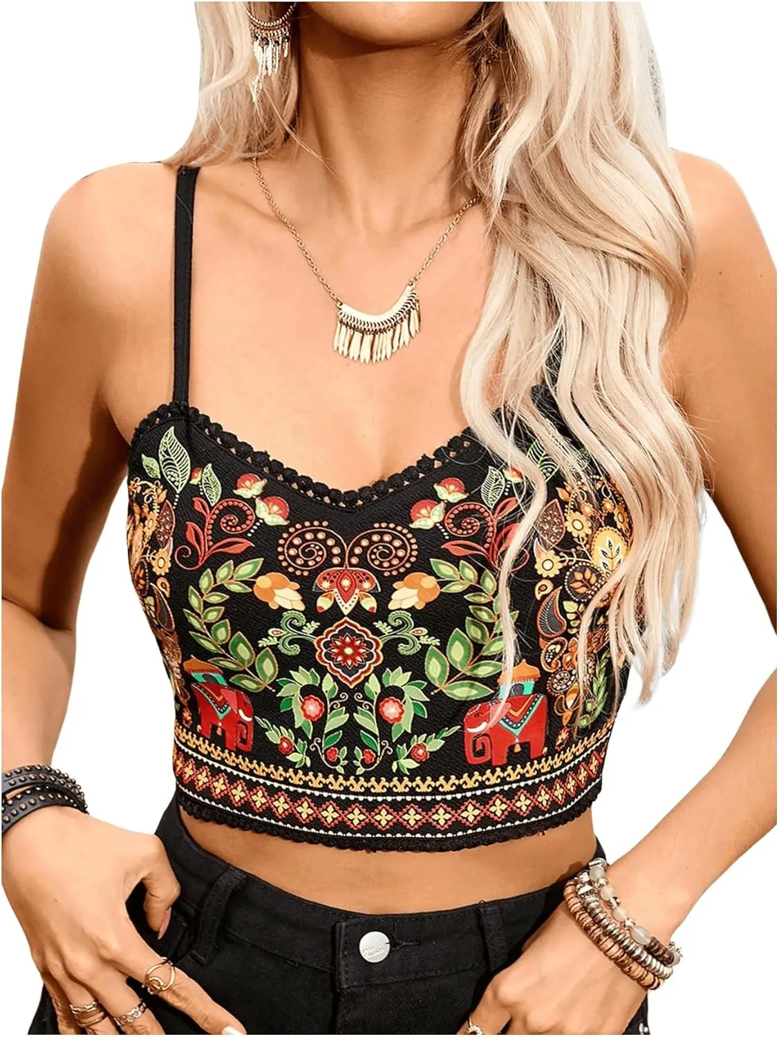 MakeMeChic Women's Spaghetti Strap Camisole Floral Print Backless Boho Cami Crop Tops