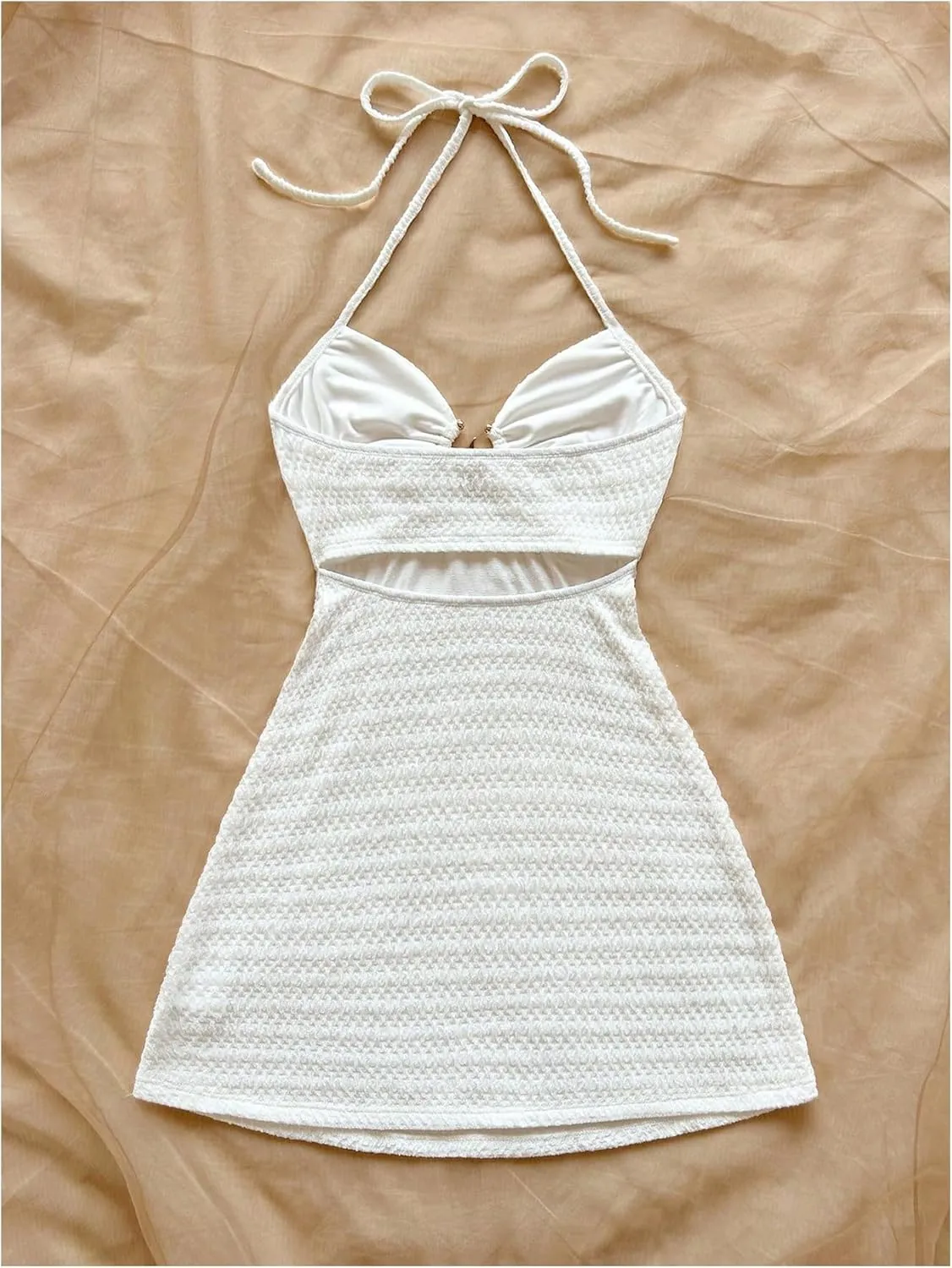 MakeMeChic Women's Textured Halter Dress Metal Starfish Backless Cut Out Summer Mini Dresses